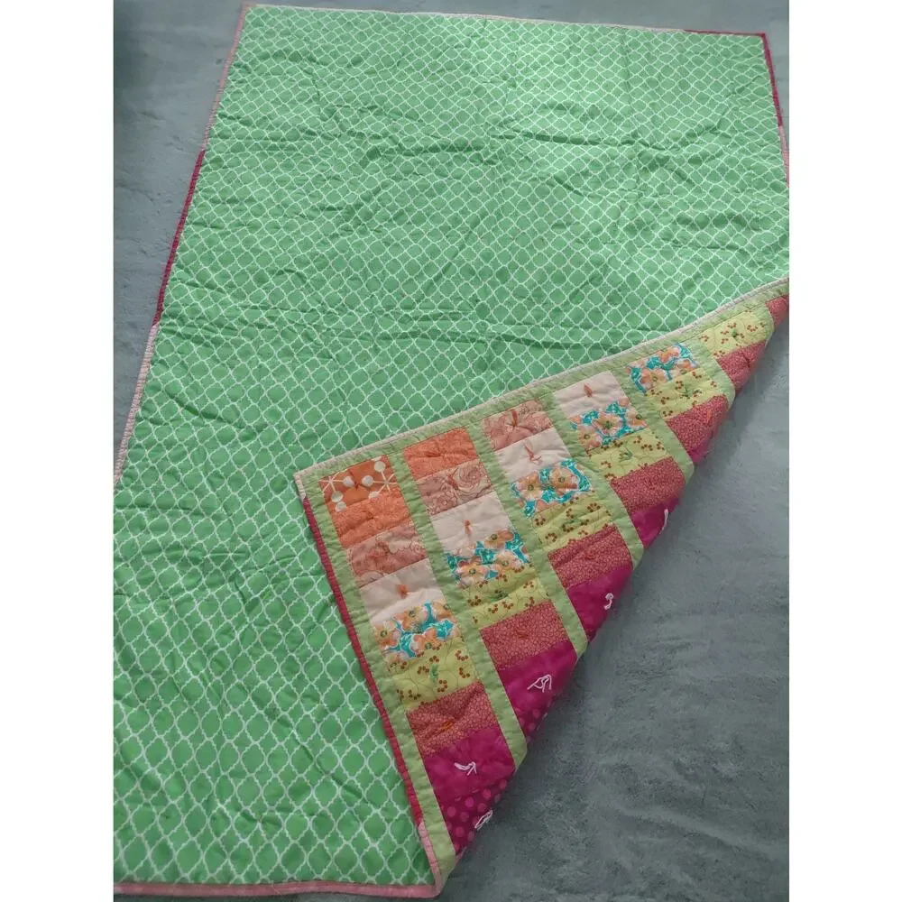 VTG Handmade Patchwork Quilt Cotton Floral Pink Green Cottagecore 45X62 Girly